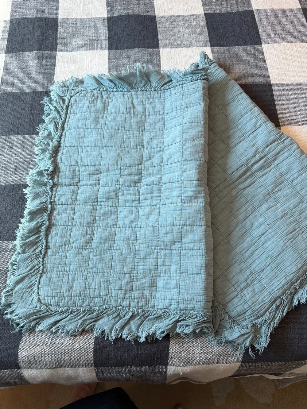 Shabby Chic Aqua Blue Gauze Cotton Throw with Fringe